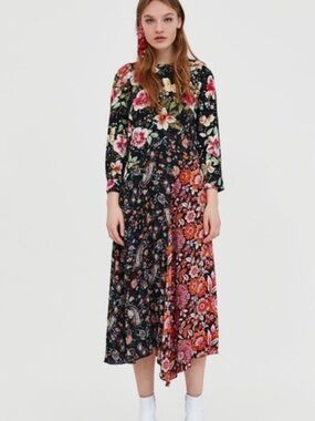 ZARA Floral Patchwork Midi Dress XS NWT Boho Chic